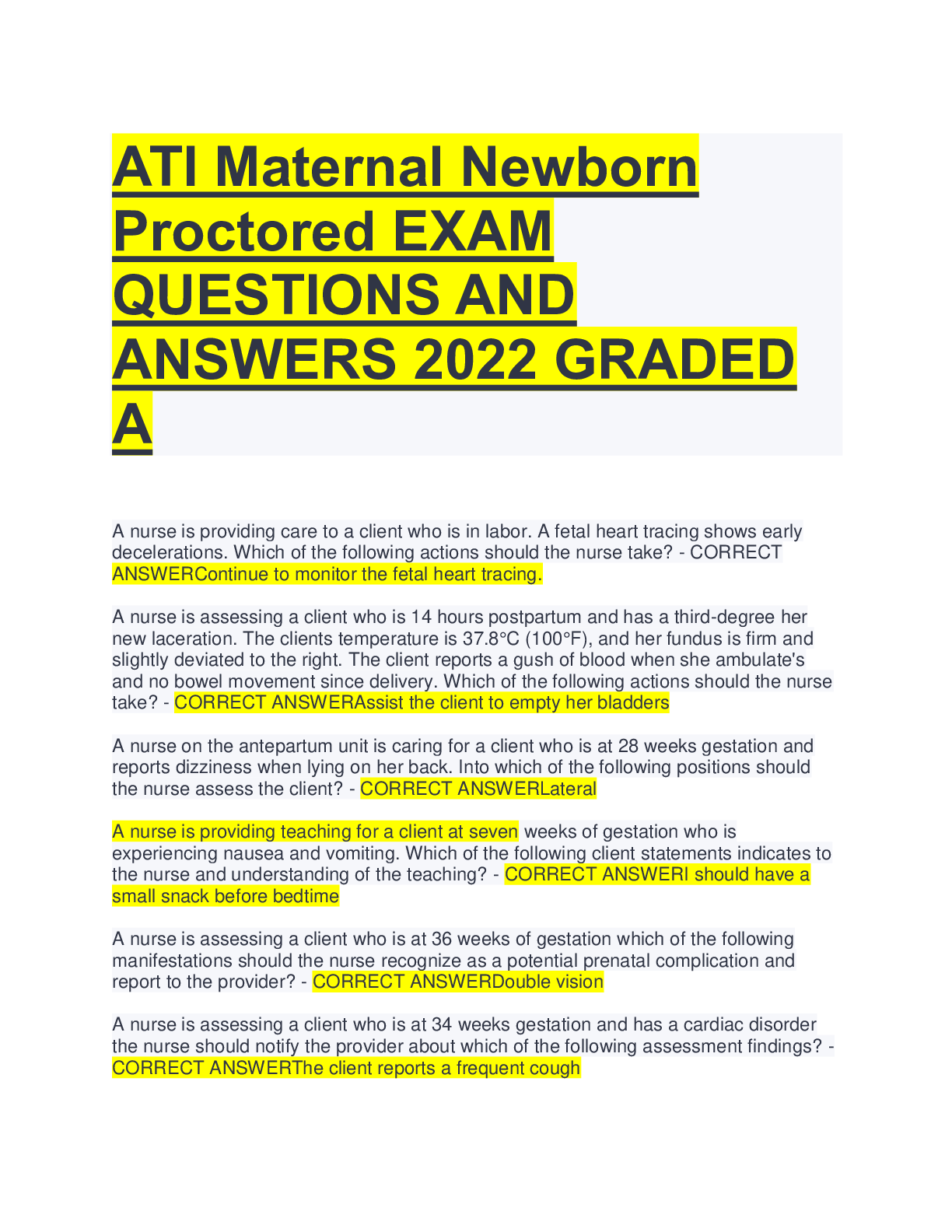 Preview image for ATI Maternal Newborn Proctored EXAM QUESTIONS AND ANSWERS 2022 GRADED A